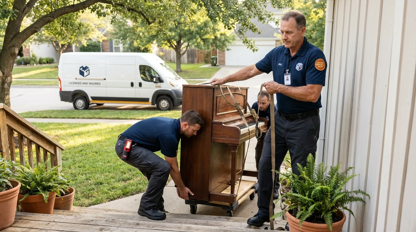 Licensed piano movers securing grand piano in Blacksburg, VA