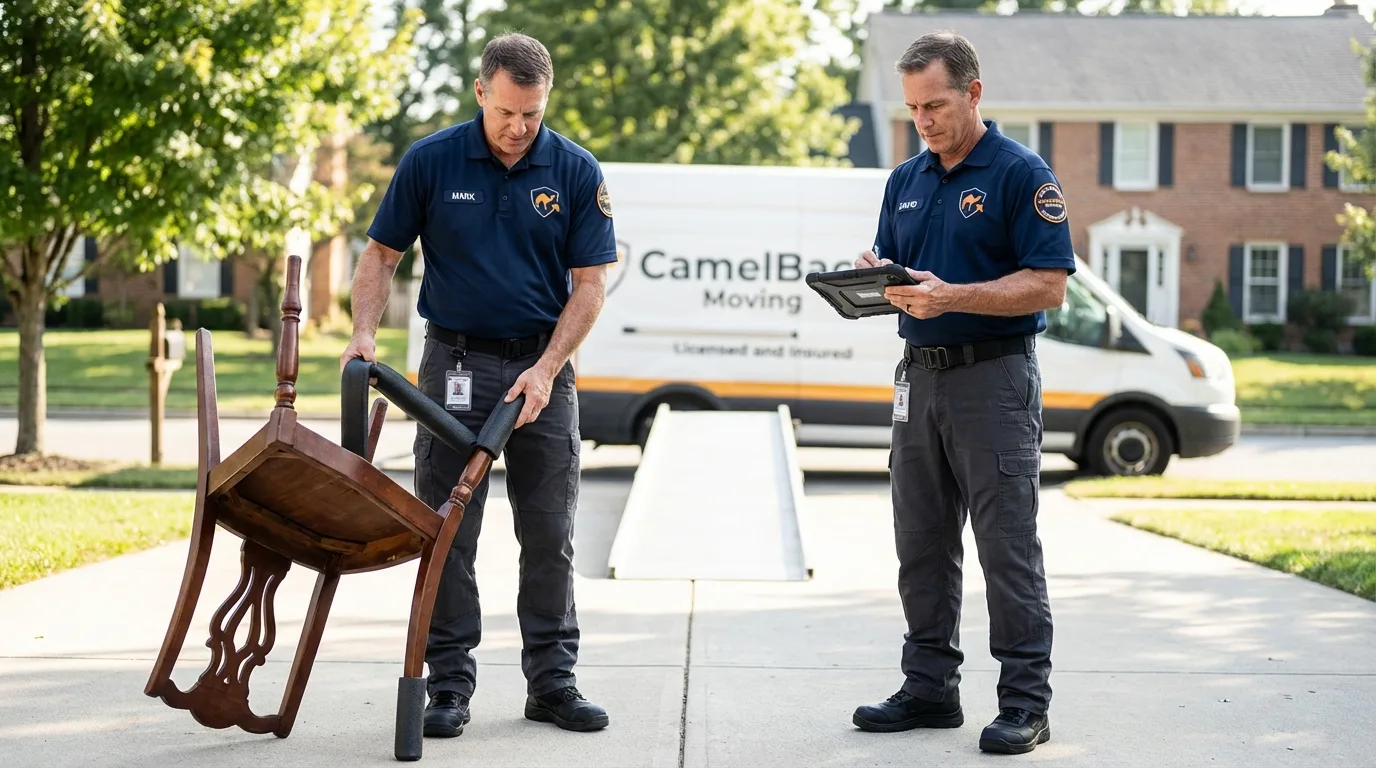 Movers inspecting furniture for damage prevention before loading in Blacksburg, VA